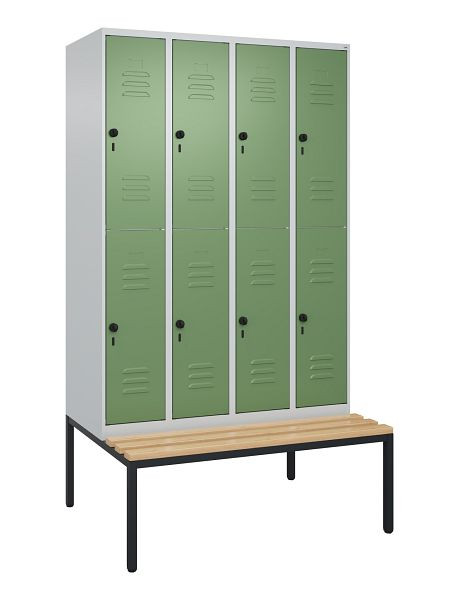 C+P Doppelstöckiger Spind Classic PLUS, 4 Abteile, 2120x1200x815mm, 7035/6011, Drehriegel, Buche-Sitzleisten, mit untergebauter Sitzbank, 0803507-40 S10006