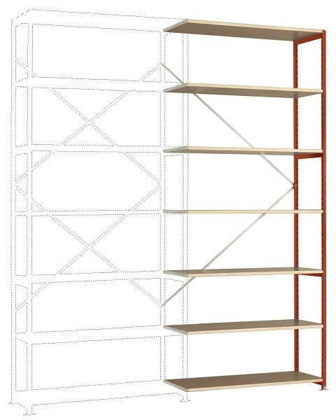 Manuflex Breitfach-Steckregal Anbauregal mit 7 Holzverbundböden, HxBxT = 3000 x 1250 x 400 mm, rotorange, RP1726.2001