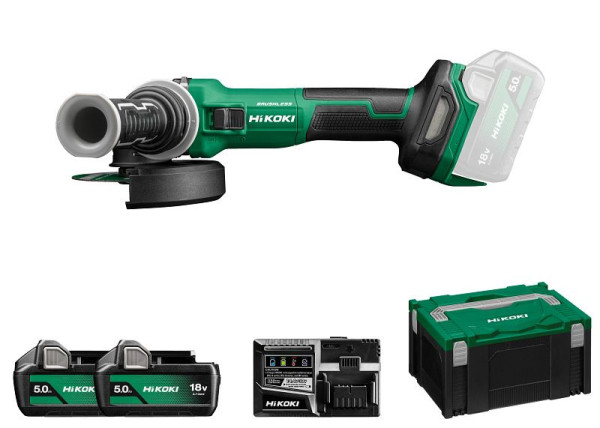 HiKOKI 18 V Akku Winkelschleifer (Brushless) (Motorbremse) Schiebe Schalter, 2 x 5.0 Ah, 125 mm, G1813DE (5.0) (HSC III), G1813DEWQZ