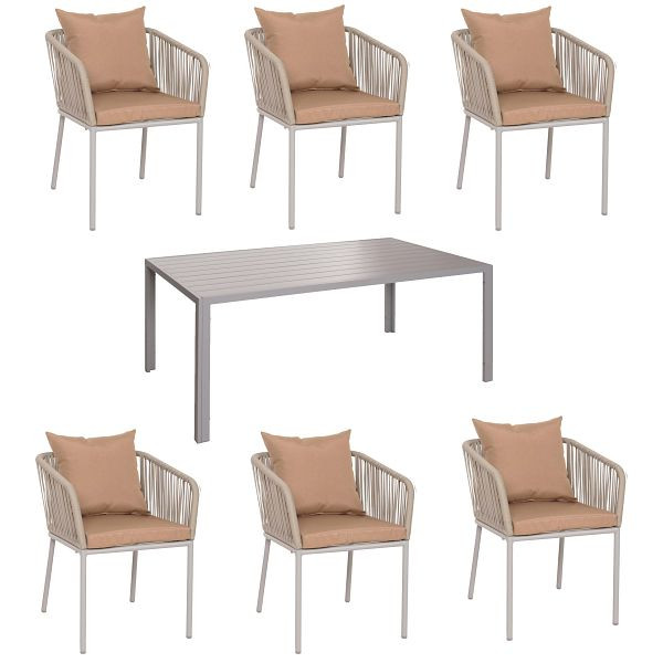 Mendler Gartengarnitur HWC-N41, Tisch+6xStuhl, wetterfest Alu 180x80cm, Seilgeflecht Rope, grau Kissen taupe, 106604+3x106618