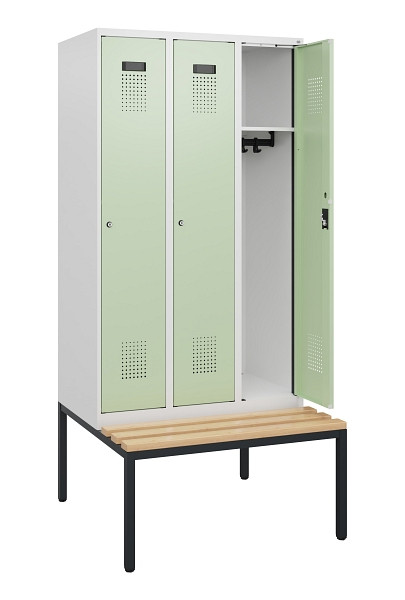C+P Spind Evolo PLUS, 3 Abteile, 1950x900x815mm, 9016/6019, Zylinderschloss, Sitzfläche Buche-Hartholz, Sitzbank, 0490505-30 S10046