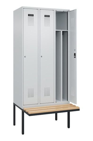 C+P Spind Evolo PLUS, 3 Abteile, 2120x900x815mm, 7035/7035, Haken 4, Zylinderschloss, Sitzfläche Holz, 0490407-30F S10040