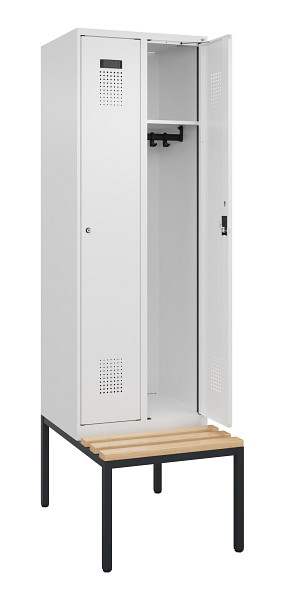 C+P Spind Evolo PLUS, 2 Abteil, 2120x600x815mm, 9016/9016, Zylinderschloss, Sitzfläche Buche-Hartholz, Sitzbank, 0490507-20 S10047