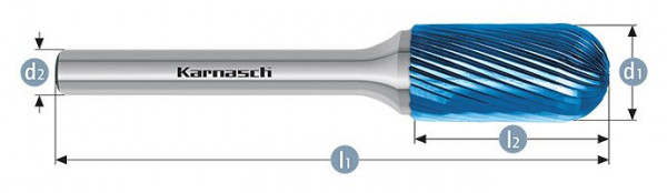 Karnasch Hartmetall-Frässtift Blue-Tec beschichtet WRC/ HP-5 d1=12 / l2=25 / d2=8 / l1=70mm, VE: 2 Stück, 115023115