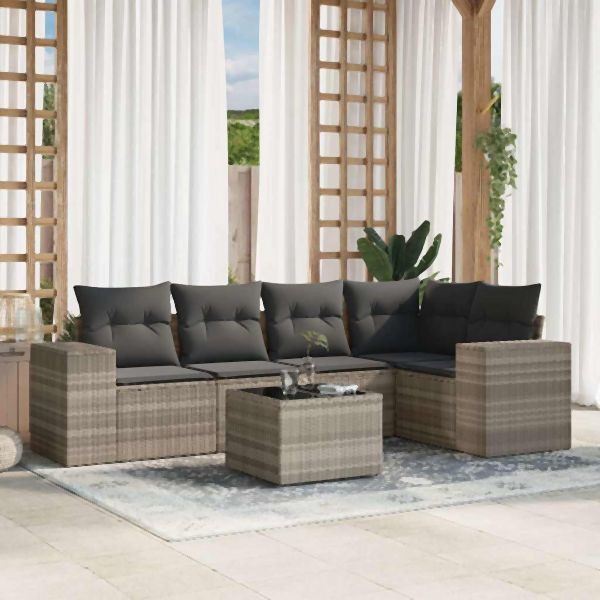 vidaXL 6-tlg. Garten-Sofagarnitur mit Kissen Hellgrau Poly Rattan, 3254879