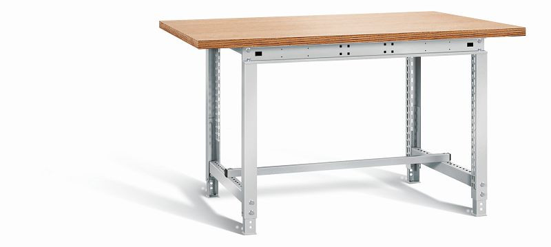 Otto Kind Werktisch allrounder, höhenverstellbar von 715-955 mm, Multiplexplatte 25 mm, überstehend, 2 Fußgestelle, komplett RAL 7035, 072317017