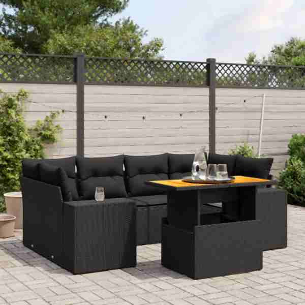 vidaXL 7-tlg. Garten-Sofagarnitur mit Kissen Schwarz Poly Rattan, UV-beständig, 3272532