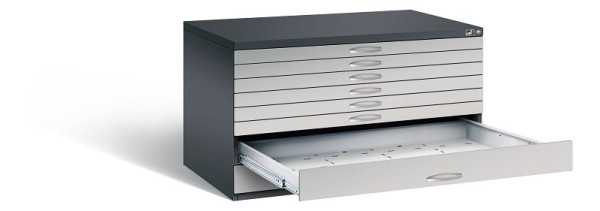 C+P Flachablageschrank Serie 7100_7200, H760xB1350xT960mm, Farbe: Schwarzgrau / Weißaluminium, Bügelgriff, 7201-200 S10201