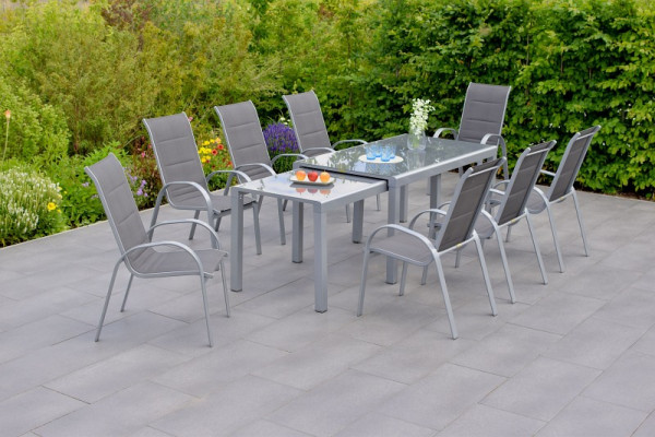 Merxx Amaro Set 9-teilig, 8 Amaro Stapelsessel, hohe Lehne, gepolstert, 1 Flex Ausziehtisch 160/160 x 78/75 x78/74,5 cm, Silber/anthrazit, 50704-307