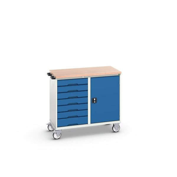 bott verso Montagewagen, mit 7 Schubladen, Tür und Multiplex-Top, BxTxH: 1050 x 600 x 980 mm, Lichtgrau / Enzianblau, 16927127.11