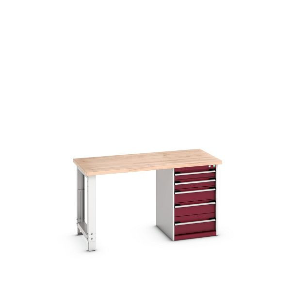 bott cubio Werkbank mit Schubladenschrank 5 Schubladen, Fuß, Rotbuche-Platte, BxTxH: 1500x750x840mm, Rotbuche RAL 7035/3004, 41003446.24V