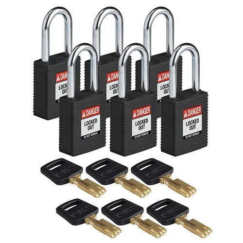Brady Vorhängeschlösser SafeKey aus Nylon, funkenfreies Gehäuse, VE: 6 Stück, schwarz, 309084
