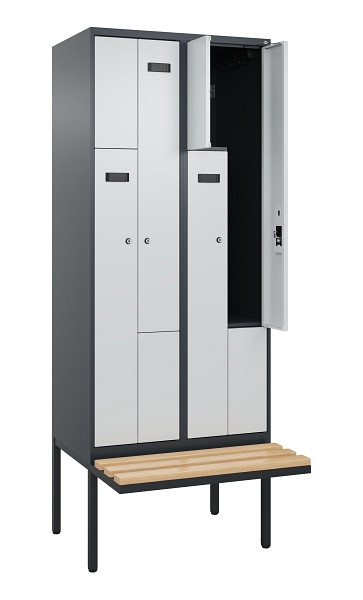 C+P Z-Spind Evolo PLUS, Bank, 4 Fächer, 2120x800x815mm, 7016/7035, Zylinderschloss, Sitzfläche Holz, 0490437-224 S10044
