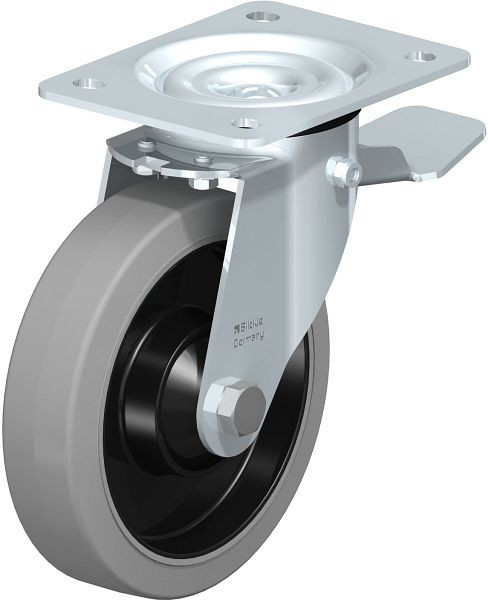 Blickle LE-POEV 161KD-ST-SG Stahlblech-Lenkrolle mit Anschraubplatte & Feststeller, Elastik-Vollgummi, Grau, 850144