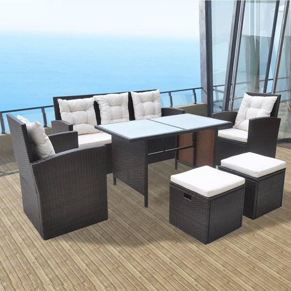 vidaXL 6-teilig Garten-Essgruppe mit Auflagen Poly Rattan Braun, 42644