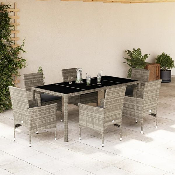 vidaXL 7-teilig Garten-Essgruppe mit Kissen Hellgrau Poly Rattan & Glas, 3278577
