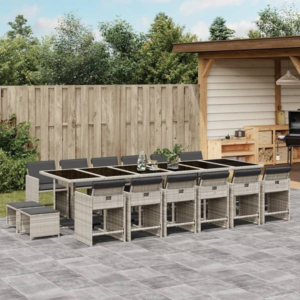 vidaXL 17-teilig Garten-Essgruppe mit Kissen Hellgrau Poly Rattan, 3211187