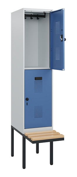 C+P Doppelstock-Spind Evolo PLUS, Bank, 2 Fächer, 1950x400x815mm, 7035/5023, Drehriegel, Sitzfläche Buche-Hartholz, 0493405-12 S10008