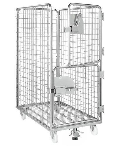 Kongamek Stahl-Rollbehälter KM 4-seitig, Tür Stirnseite 2-teilig, LxBxH 1200 x 750 x 1695 mm, Zentralstopp, 269206