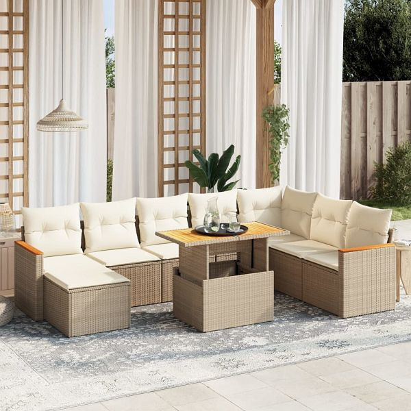 vidaXL 9-teilig Garten-Sofagarnitur mit Kissen Beige Poly Rattan, 3273214