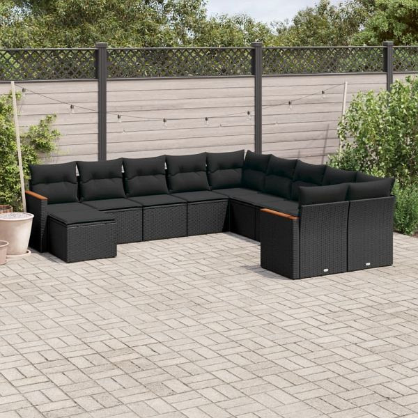 vidaXL 11-teilig Garten-Sofagarnitur mit Kissen Schwarz Poly Rattan, 3226566