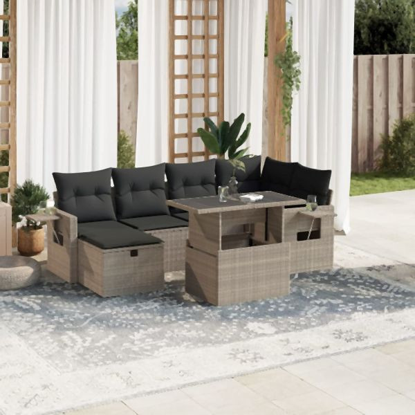 vidaXL 7-tlg. Garten-Sofagarnitur mit Kissen Hellgrau Poly Rattan, 3274982