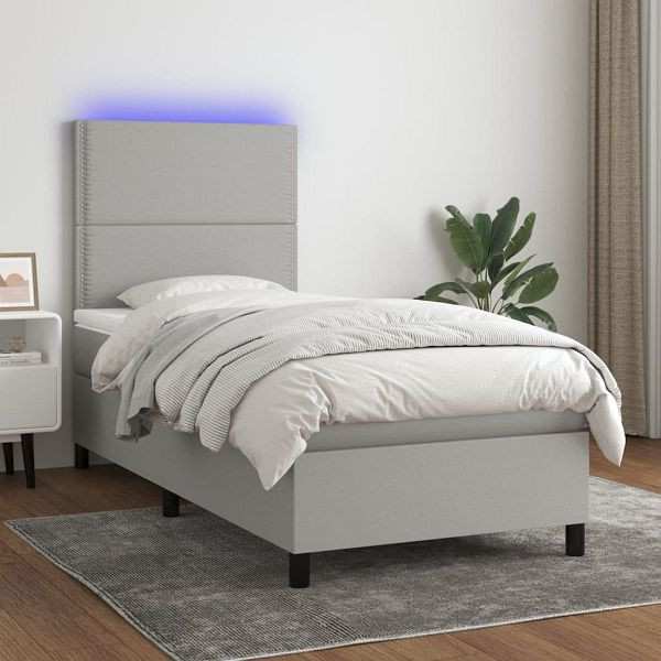 vidaXL Boxspringbett mit Matratze & LED Hellgrau 100x200 cm Stoff, 3134773