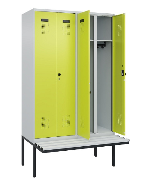 C+P Schwarz-Weiß-Spind Evolo PLUS, Bank, 4 Abteile, 2120x1200x815mm, 7035/0024, Drehriegel, Material Sitzfläche Kunststoff, 0490427-40 S10069