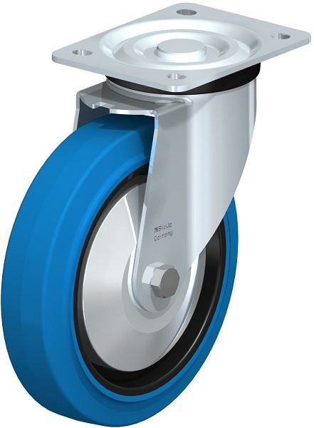 Blickle L-POEV 200KD-SB-FA Stahlblech-Lenkrolle, mittelschwere Ausführung, mit Anschraubplatte, Elastik-Vollgummi, Blau, 749384