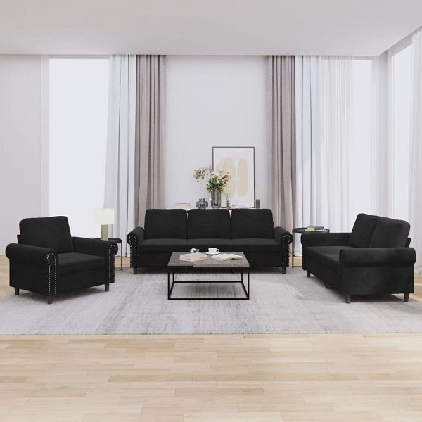 vidaXL 3-teilig Sofagarnitur mit Kissen Schwarz Samt, 3202175