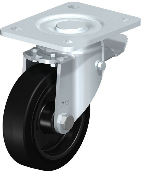 Blickle LH-POEV 125R-3-ST Stahlblech-Lenkrolle, Schwerlast-Ausführung, mit Anschraubplatte & Feststeller, Elastik-Vollgummi, Schwarz, 50963