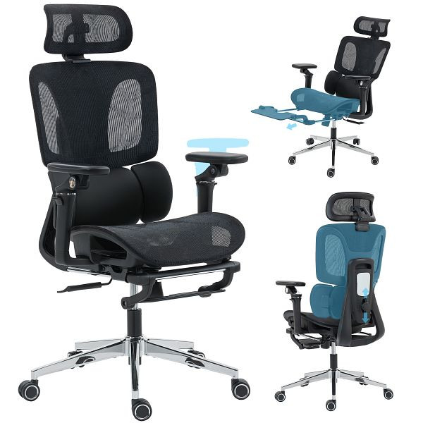 HOMCOM Bürostuhl Ergonomisch Schreibtischstuhl mit verstellbar Lenden- und Kopfstütze 6D-Klapparmlehnen Fußstütze Netz Schwarz, 921-935V01BK