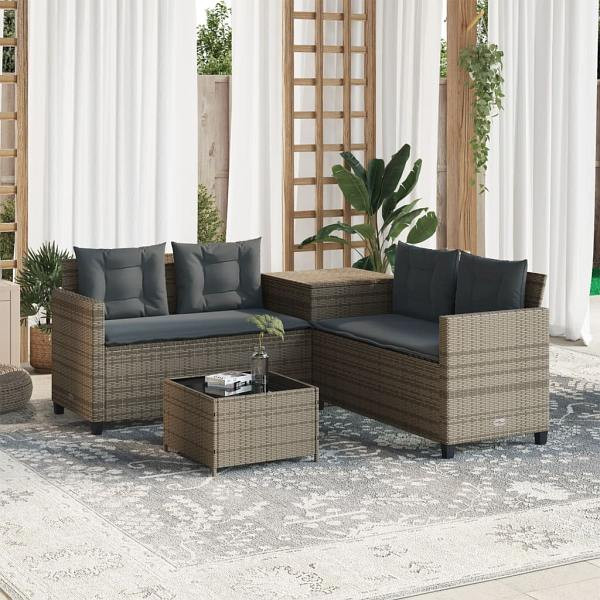 vidaXL Gartensofa in L-Form mit Tisch und Kissen Grau Poly Rattan, UV-beständig, 369029