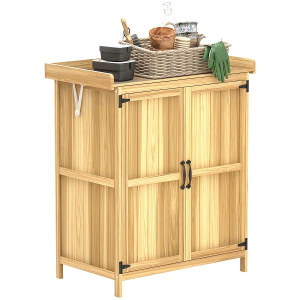 Outsunny Gartenschrank. für den Außenbereich, mit Arbeitsfläche, Holz und Edelstahl, Doppeltüren, Naturholz, 84H-159V00ND