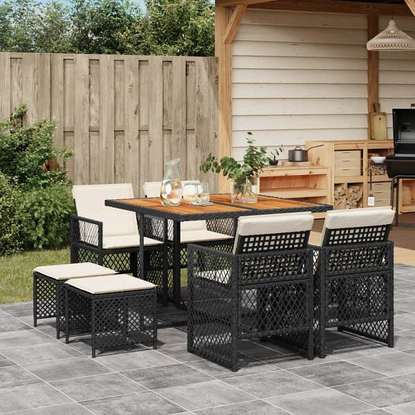vidaXL 9-tlg. Garten-Essgruppe mit Kissen Schwarz Poly Rattan, UV-beständig, 3210783