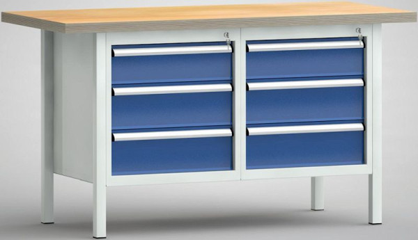KLW Standard-Werkbank, 1500 x 700 x 840 mm, mit Buchen-Multiplexplatte, links: 150EA/175EA/175EA, rechts: 150EA/175EA/175EA, WS177N-1500M40-E1661