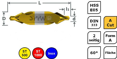 SPPW Zentrierbohrer HSS-E05+A.Cut DIN333 A Fläche - 2,50x6,30, VE: 10 Stück, 1232960250