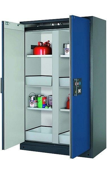 asecos Sicherheitsschrank Q-CLASSIC-90, Q90.195.120.MM in enzianblau RAL 5010 mit 4x Fachboden (Stahlblech), 34192-047-34204