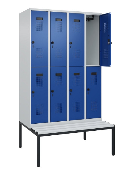 C+P Doppelstock-Spind Evolo PLUS, Bank, 8 Fächer, 2120x1200x815mm, 7035/5010, Drehriegel, Sitzfläche Kunststoff, Sitzbank, 0493507-40 S10087