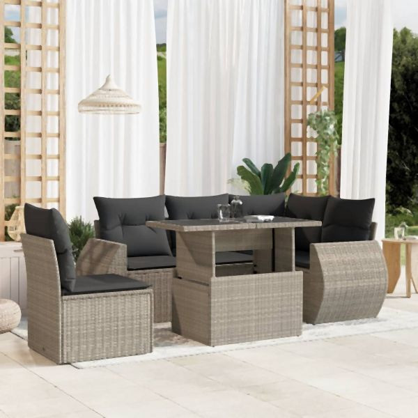 vidaXL 6-tlg. Garten-Sofagarnitur mit Kissen Hellgrau Poly Rattan, 3268542