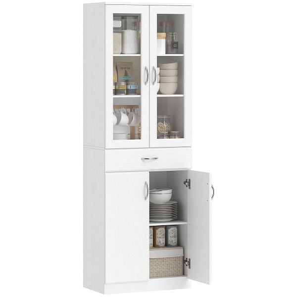 HOMCOM Küchenschrank Buffetschrank mit verstellbar Regal Schublade 2 Schrank Hochschrank mit Glastür 60 x 35 x 180 cm Weiß, 83A-445V90WT