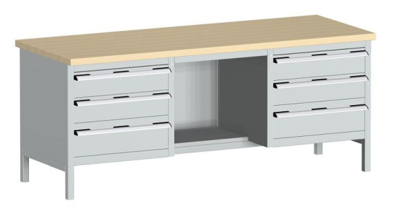 bott cubio Kastenwerkbank mit 6 Schubladen Ablage, Multiplex-Arbeitsplatte BxTxH: 2000 x 750 x 840 mm, RAL 7035, 41002073.16V