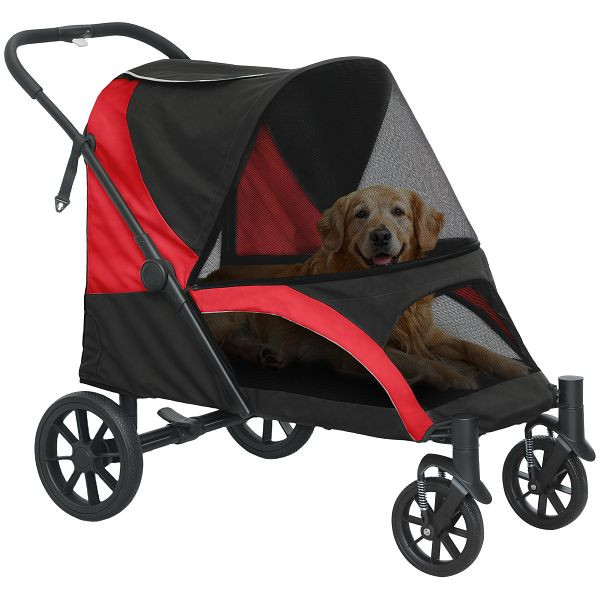 PawHut Hundewagen, Faltbarer Hundebuggy für große Hunde, Haustierwagen mit 4 Rädern, Sicherheitsleinen, Bremsen, Schwarz, D00-210V00BK