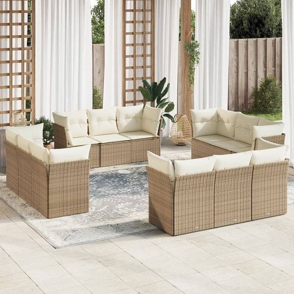 vidaXL 12-teilig Garten-Sofagarnitur mit Kissen Beige Poly Rattan, 3249167