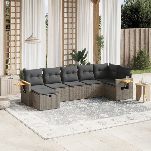 vidaXL 7-teilig Garten-Sofagarnitur mit Kissen Grau Poly Rattan, 3265533