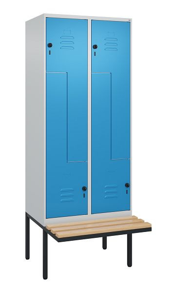 C+P Z-Spind Classic PLUS, Bank, 4 Abteile, 2120x800x815mm, 7035/5012, Drehriegel, Buche-Sitzleisten, 0800437-224 S10004