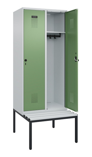 C+P Spind Evolo PLUS, 2 Abteile, 2120x800x815mm, 7035/6011, Haken 4, Drehriegel, Sitzfläche Kunststoff, Sitzbank, 0490507-22 S10064