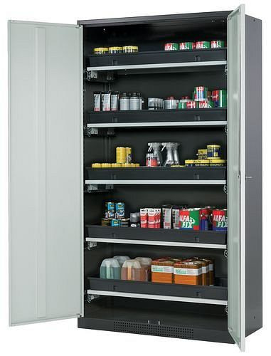 asecos Chemikalienschrank Systema-T CS-105, Korpus anthrazit, Flügeltüren grau, 5 Tablarauszüge, 208974
