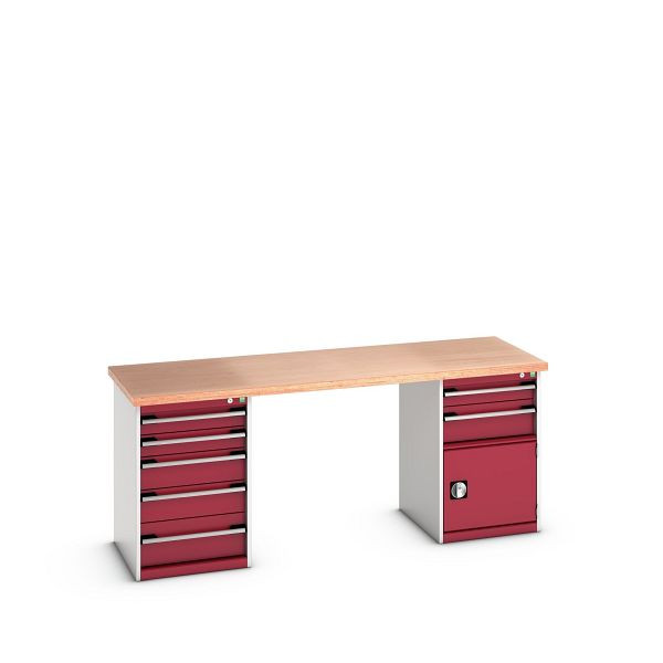 bott cubio Werkbank mit 2 Schubladenschränken 7 Schubladen, 1 Tür, Multiplex-Platte, BxTxH: 2000x750x840mm, Multiplex RAL 7035/3004, 41003241.24V