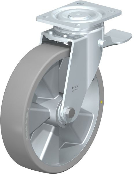 Blickle LH-ALTH 250K-ST-AS Stahlblech-Lenkrolle, Schwerlast-Ausführung, mit Anschraubplatte & Feststeller, Blickle Extrathane®, Grau, 672519